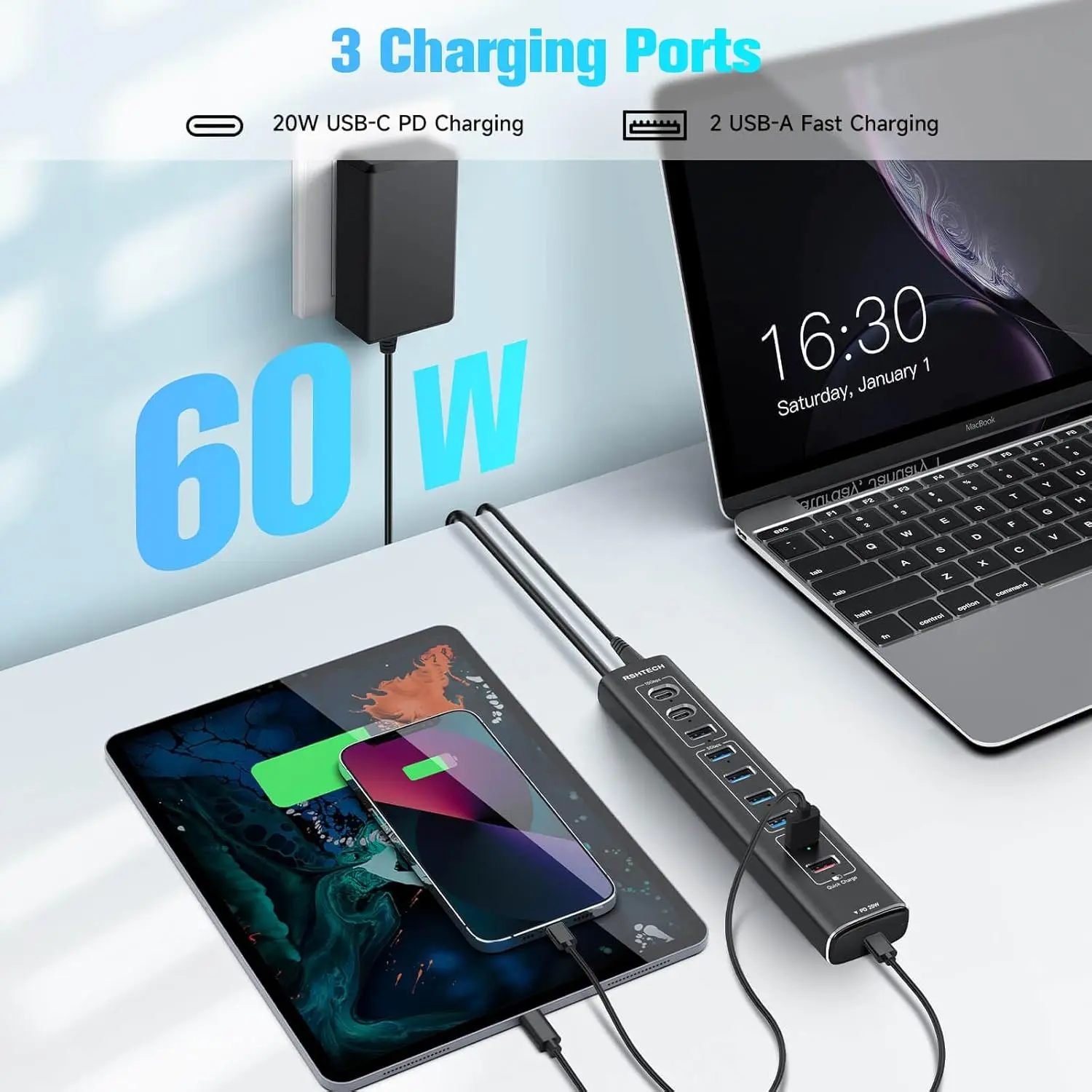USB C PD Быстрая зарядка RSHTECH, 10 портов, 10 Гбит/с