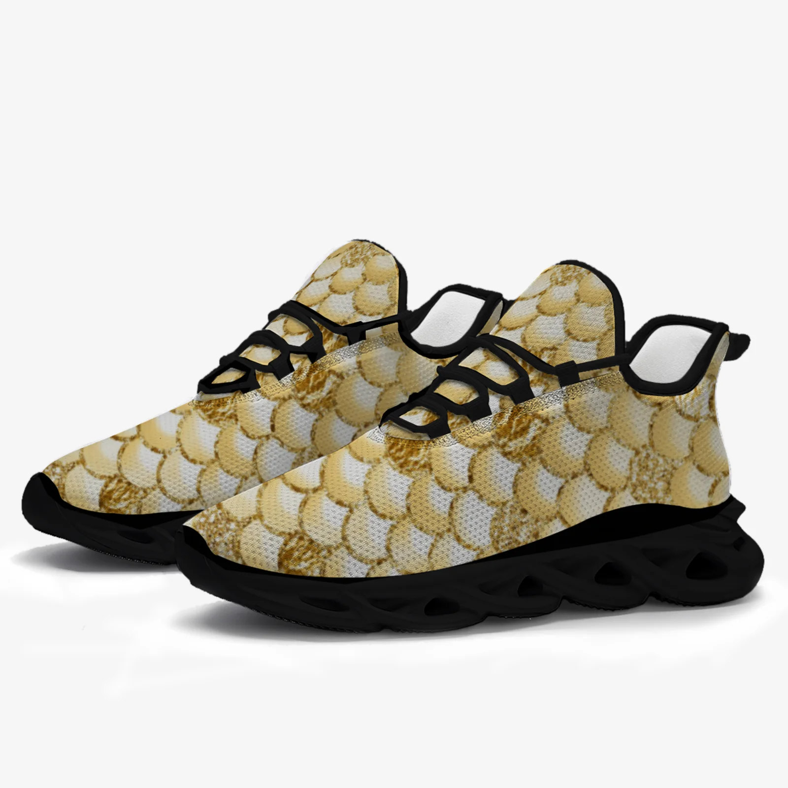 Buty sportowe z nadrukiem łusek złotych ryb dla kobiet i mężczyzn, lekkie buty do chodzenia i biegania, sznurowane siateczką.