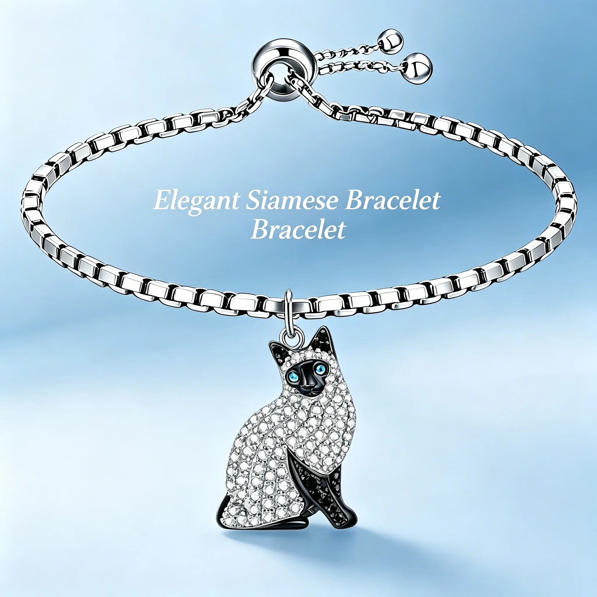 Silvery Zinc Alloy Elegant Siamese Cat Adjustable Bracelet Clear & Blue Faux Crystal Animal Cat Lover Jewelry Gift