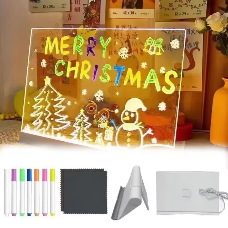 DIY Acrylic Message Board Children‘s Drawing Board LED Note Board With Night Light Colorful 7 Pens Kids Persent Birthday Gift