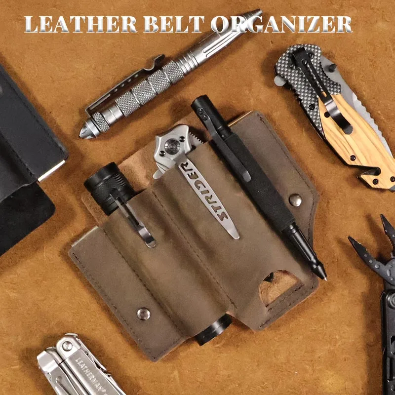 RIYAO EDC Outdoor Leather Sheath Multi-tool Holder Belt Organizer Pocket Hunting Tactical Knife Flashlight Holster Waist Packs