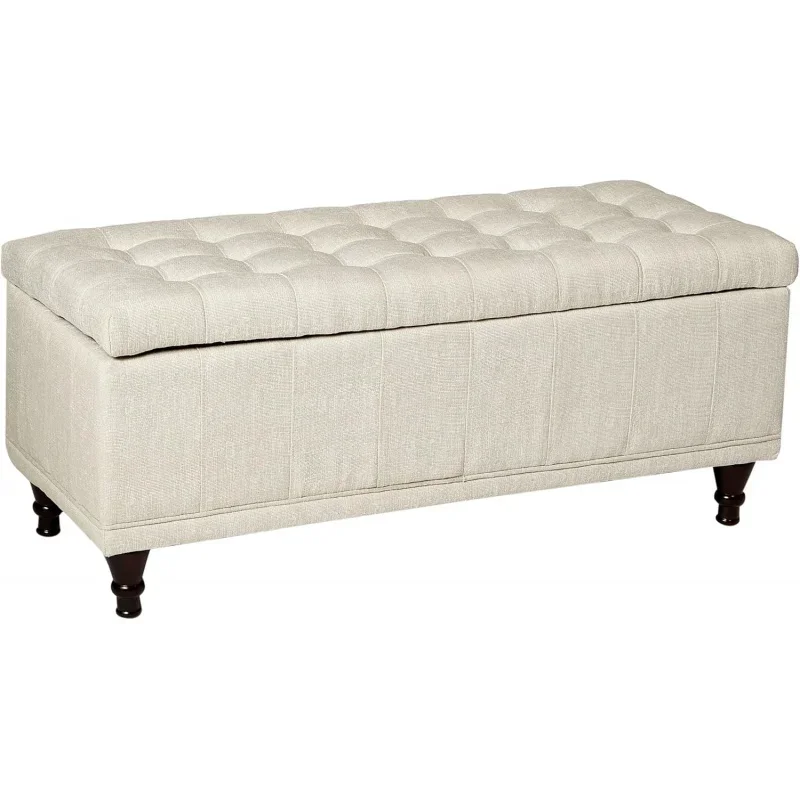 Lift Top Storage Bench with Tufted Accents, Beige Fabric