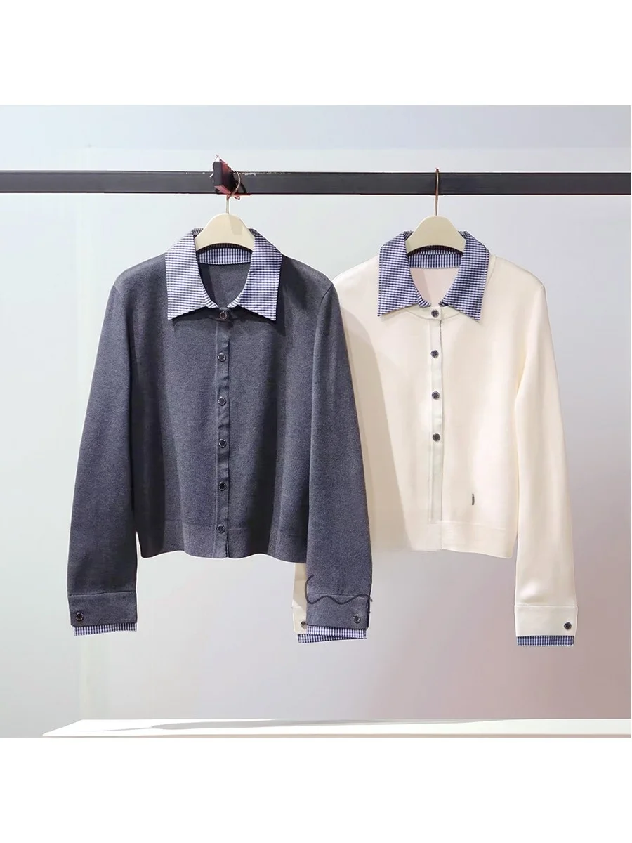 

2025 Autumn Winter New Style College Wind Patchwork Fake Two-Piece Knitted Cardigan Women's Top Color Block Ladies Sweater