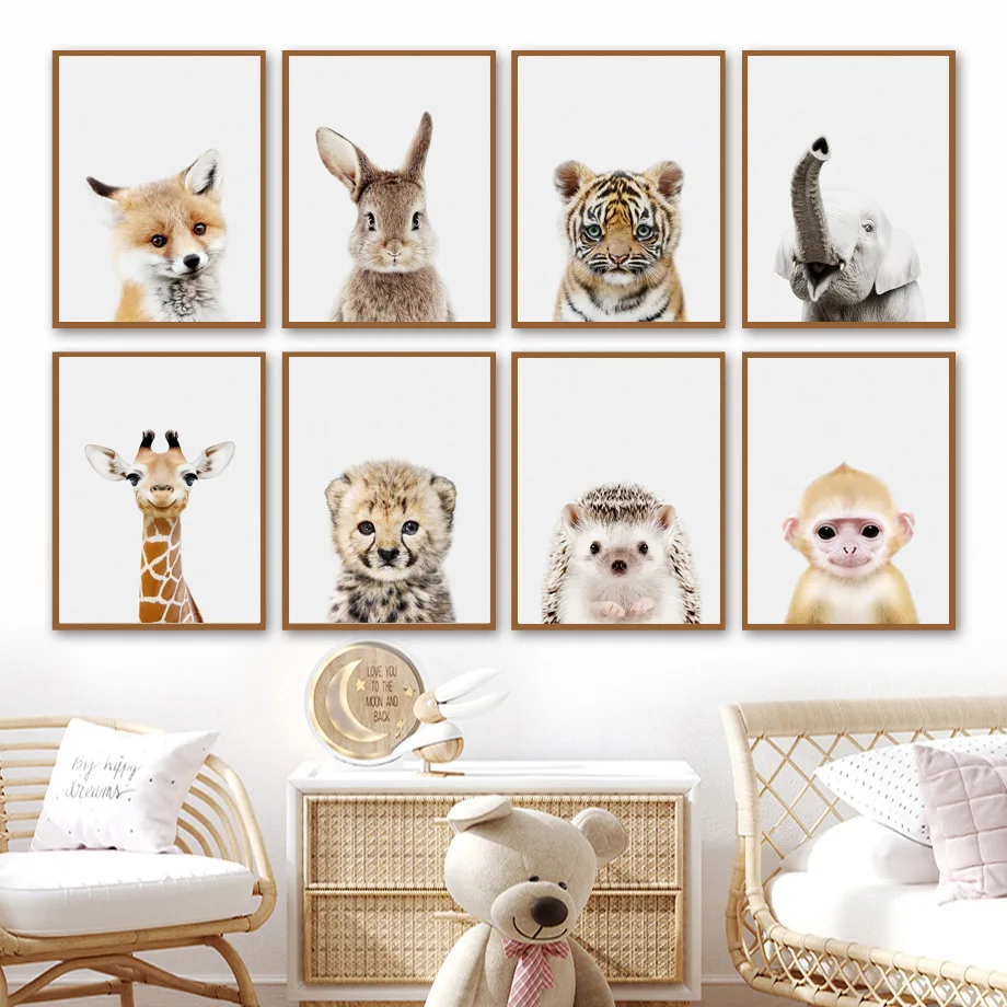 Baby Animals Nursery Posters Lion Tiger Leopard Elephant Fox Rabbit Wall Art Print Canvas Painting Wall Pictures Kids Room Decor