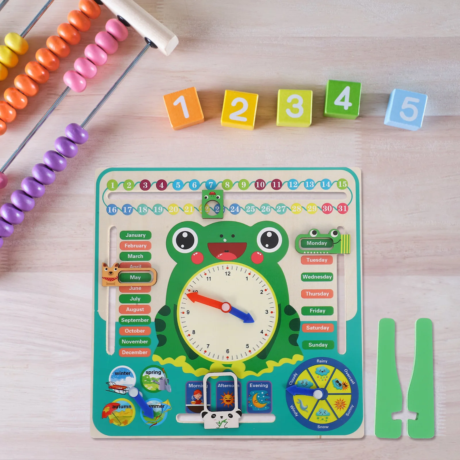 木製カエル時計とカレンダーボード 子供向け時間学習教育ツール インタラクティブな子供向け教材 モンテッソーリ