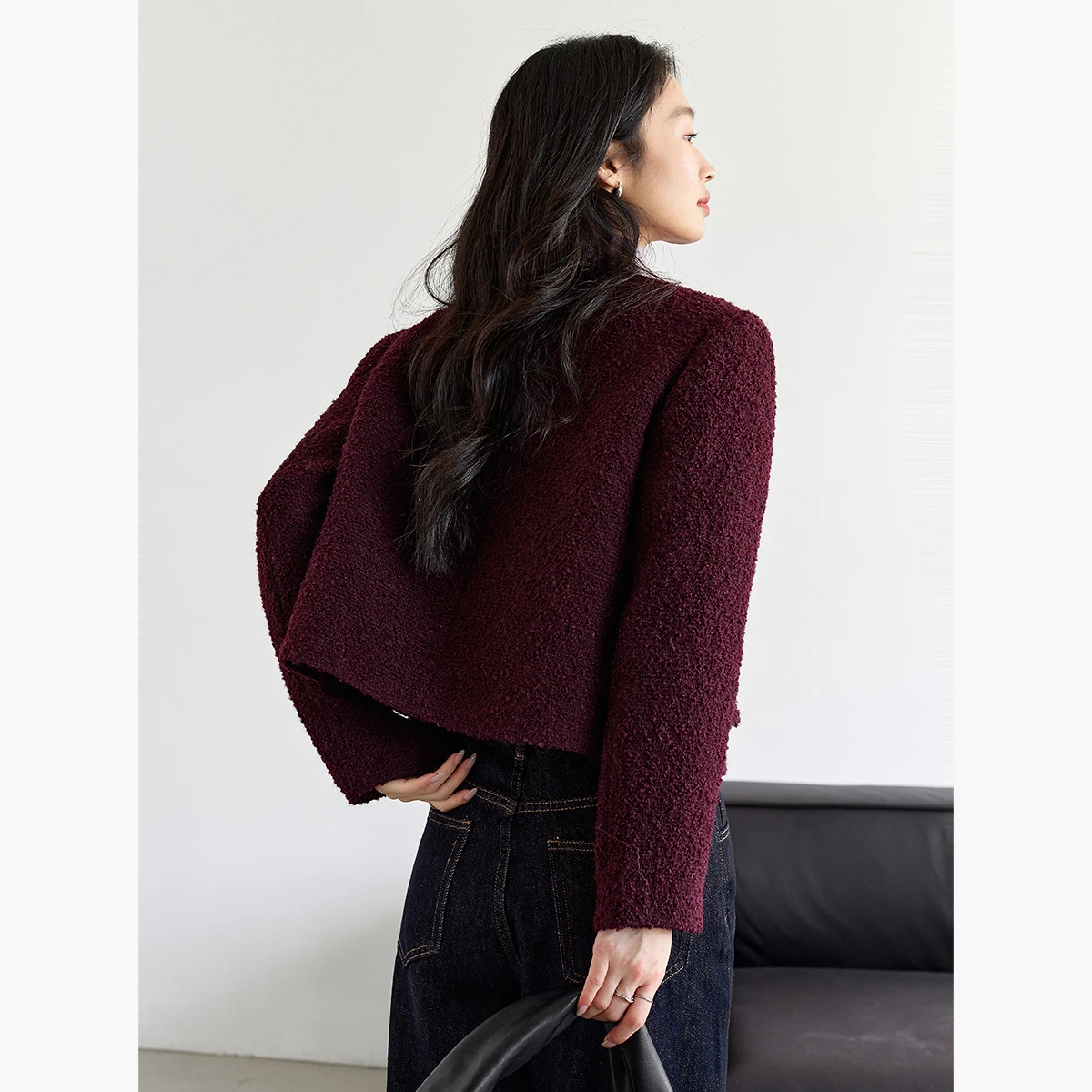 VIMLY سترة الشتاء للنساء 2025 خمر بورجوندي س الرقبة تويد سترات قصيرة أنيقة الصوف مزيج مبطن معاطف السيدات M9320 #3