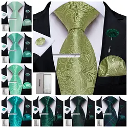 Green Men's Ties Luxury Floral Solid Silk Ties Business Formal 150cm Necktie Pocket Square Cufflink Suits Accessory