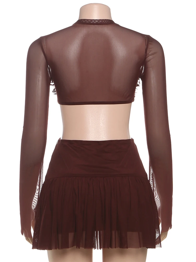 เดรสสั้นผ้าตาข่ายปะติดปะต่อ คอกลม แขนยาว แต่งระบาย ดีไซน์เว้าเอว สำหรับงานปาร์ตี้กลางคืน สไตล์เซ็กซี่ แฟชั่นเข้ารูป