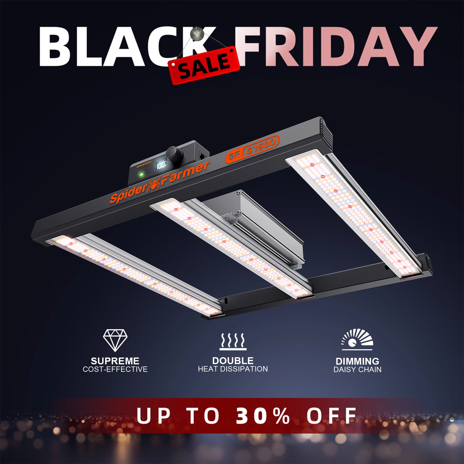 

2025 Spider Farmer G1500 150W Dimmable Cost effective Full Spectrum High Yield LED Grow Light for 1x1m Grow Tent App-Controlled