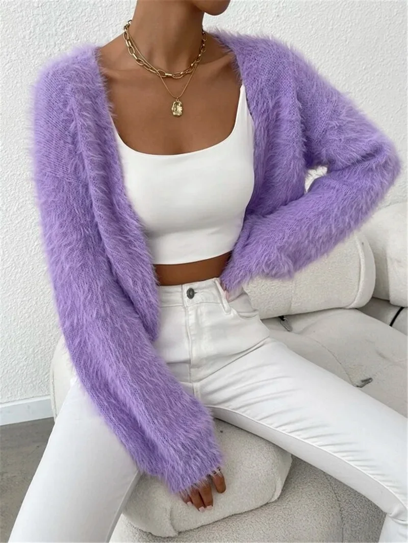 Ladies Sexy Artificial Mink Hair Single Button Cropped Cardigan Autumn Winter Korean Fashion High Street Tops Cheap Wholesale