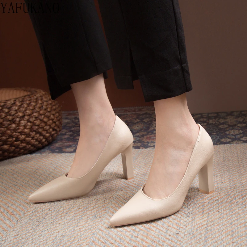 Fashion Small Thick Heel High Heels Matte Pointed Toe Shallow Mouth Casual Single Shoes Nude Party Dress Pumps Office Work Shoes