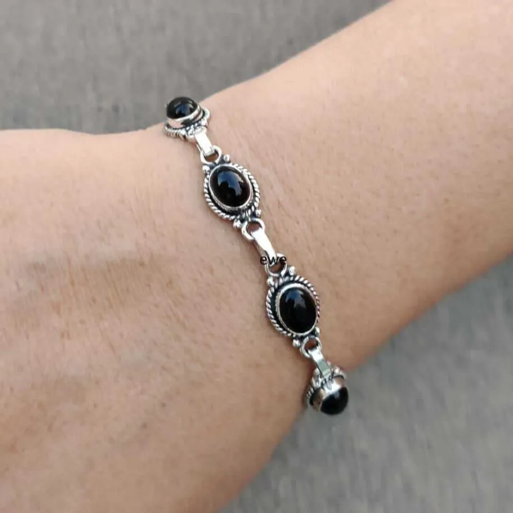 Gothic Bohemian Silver Color Oval Gemstone Black Onyx Link Adjustable Bracelets for Women Men Ethnic Tribal Daily Wear Jewelry
