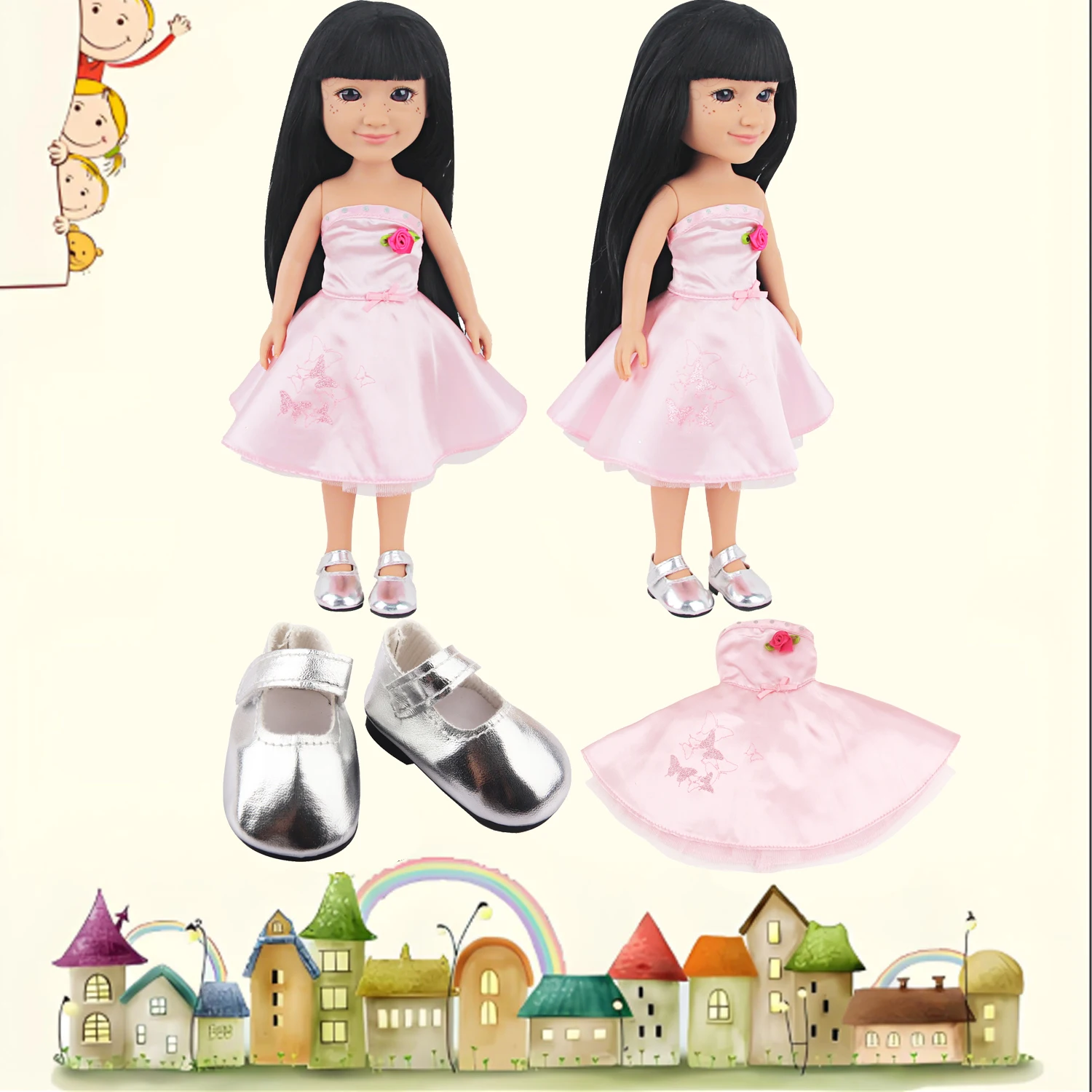 

14-дюймовый комплект американской куклы, розовая юбка с цветком + серебряная обувь из искусственной кожи 5 см, костюм для кукол 30-35 см для маленьких девочек, кукла Банси Лиза