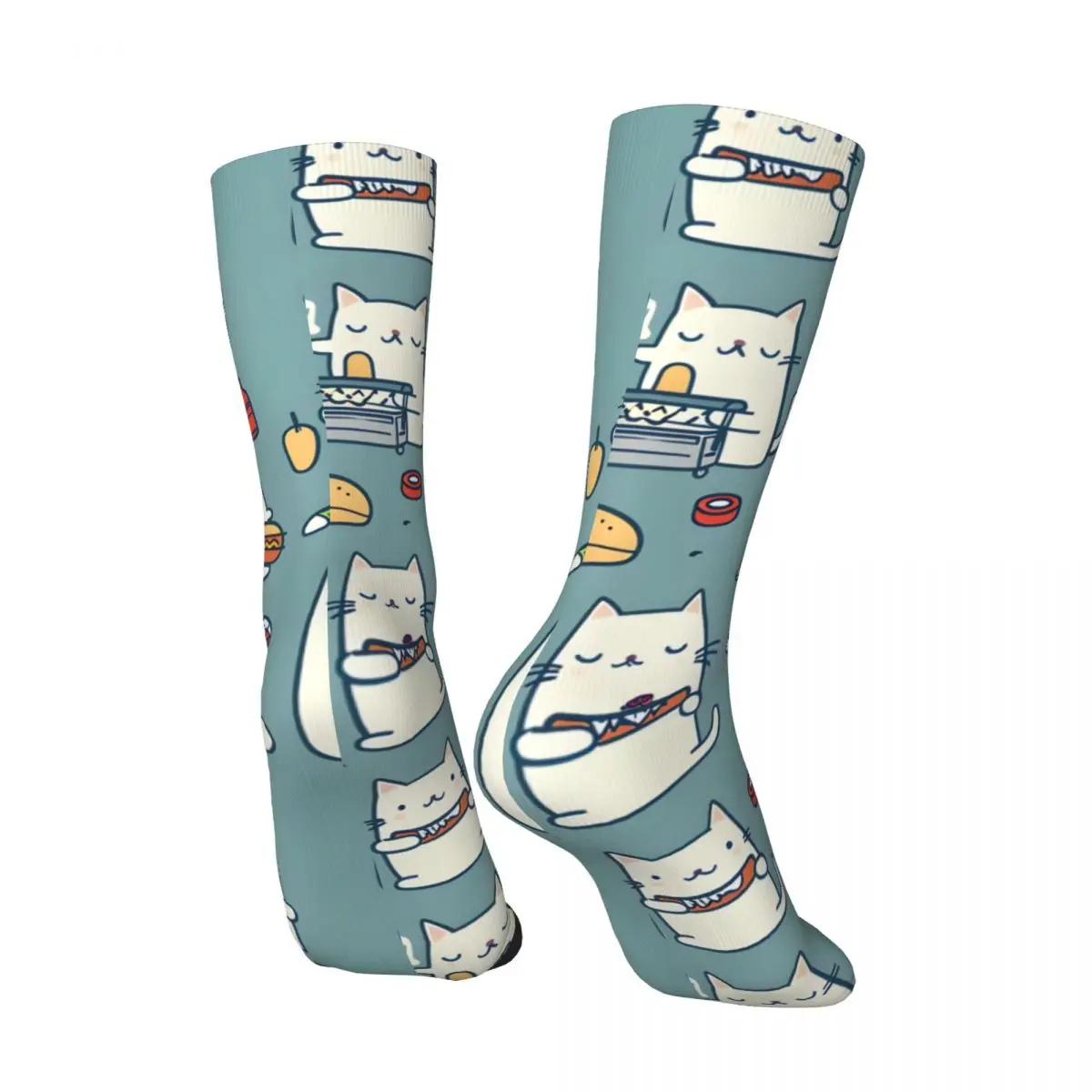 Kitty Chef Hotdog Fiesta Whimsical Cartoon Cat Cooking Men's Socks Vintage Harajuku Street Style Novelty Casual Crew Sock