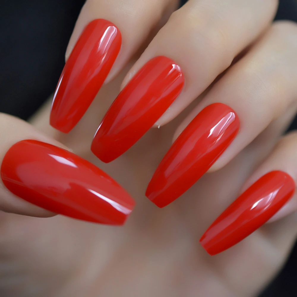 Chinese Red Long Coffin Nails Sexy Glossy Extreme Press On Fake Nails Gorgeous Manicure Fingernail Tips with Gluetabs