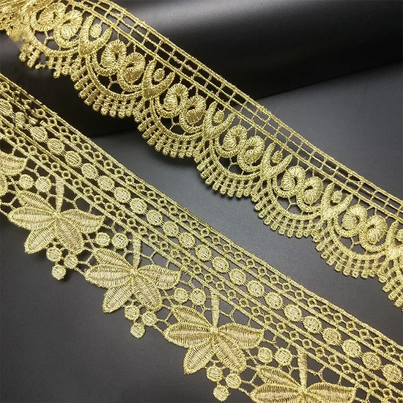 Golden Embroidered Flower Lace Ribbons, Fabric Trim, DIY Sewing, Handmade Craft Materials, 1 Yards