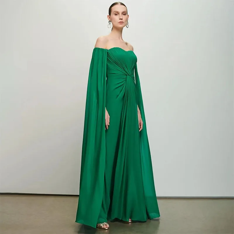 Vestido de noite plissado com capa para mulheres, sem alças, até o chão, verde, elegante, vestidos de baile