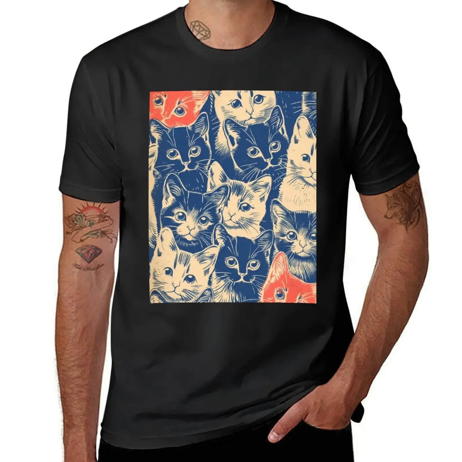 Adorable Vintage Art Cute Cats Pattern Retro T-Shirt hippie clothes oversized graphic tee funny t shirts men