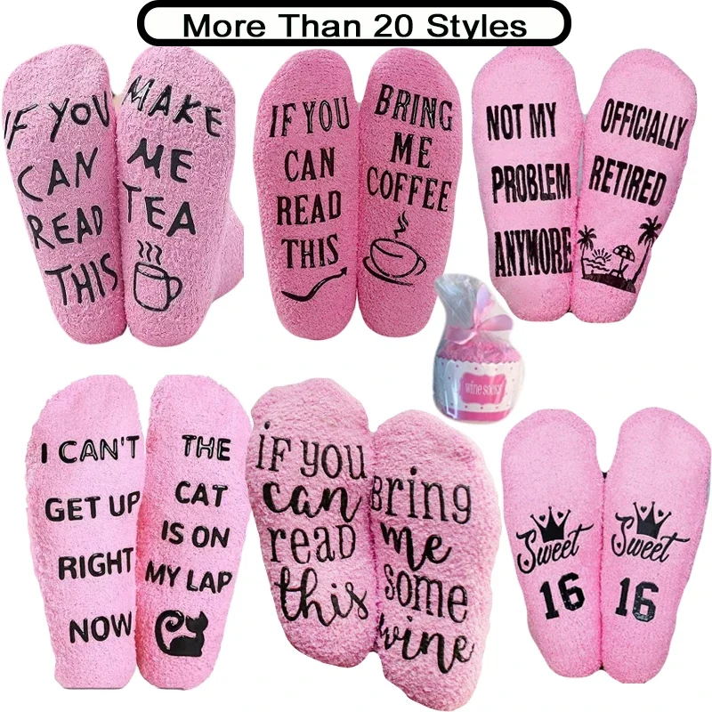 1 Pair Fun cupcake packaging woman ladies pink terry floor socks with funny printing if you can read this make me tea warm socks