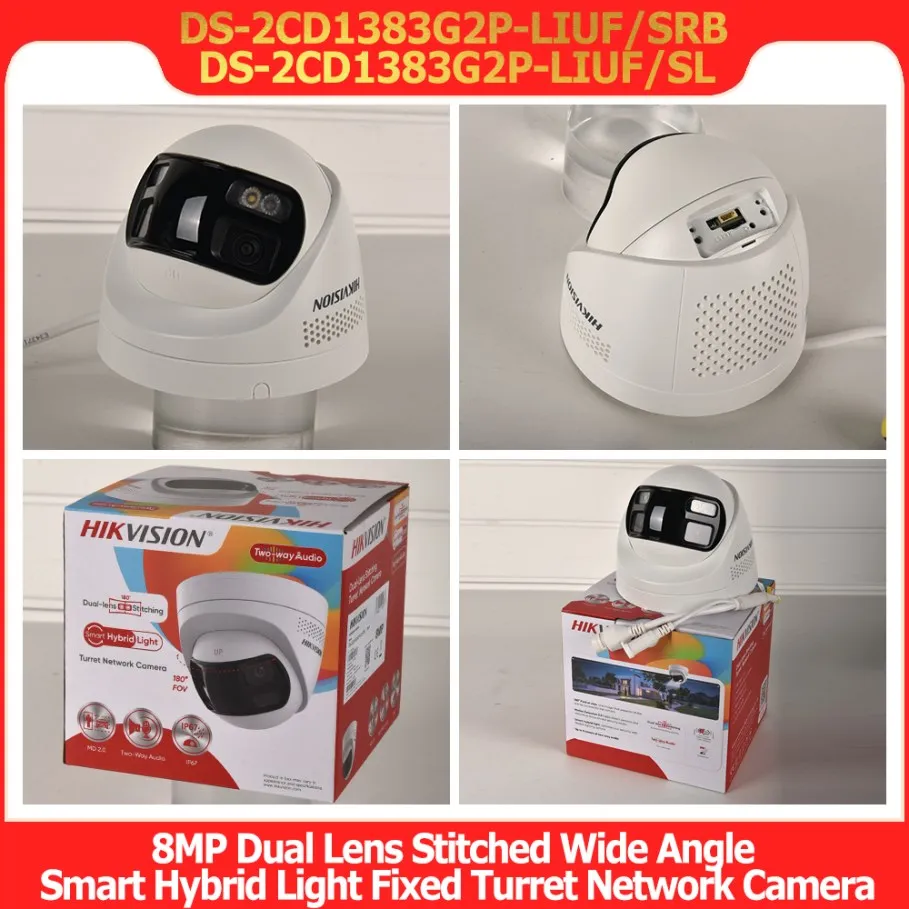 هيكفيجن DS-2CD1383G2P-LIUF/SL 4K 8MP عدسة مزدوجة مخيطة 180 °   كاميرا IP شبكية POE ذات زاوية واسعة وإضاءة هجينة ذكية وصوت ثنائي الاتجاه