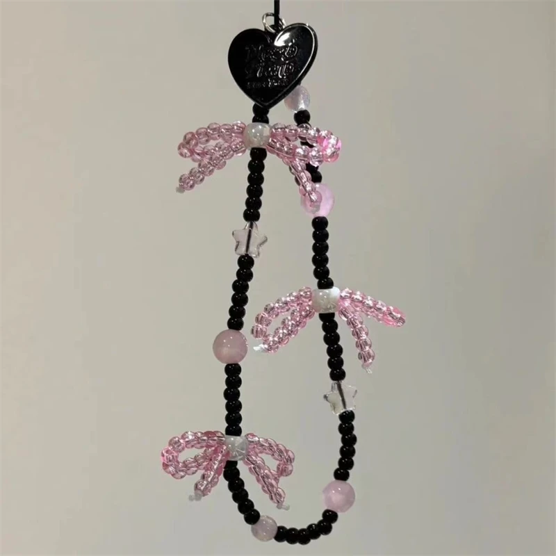 Korean Y2K Cute Black Heart Pink Bow Beaded Phone Chain Charm Lanyard For iPhone Samsung Universal Accessories Jewelry Pendant