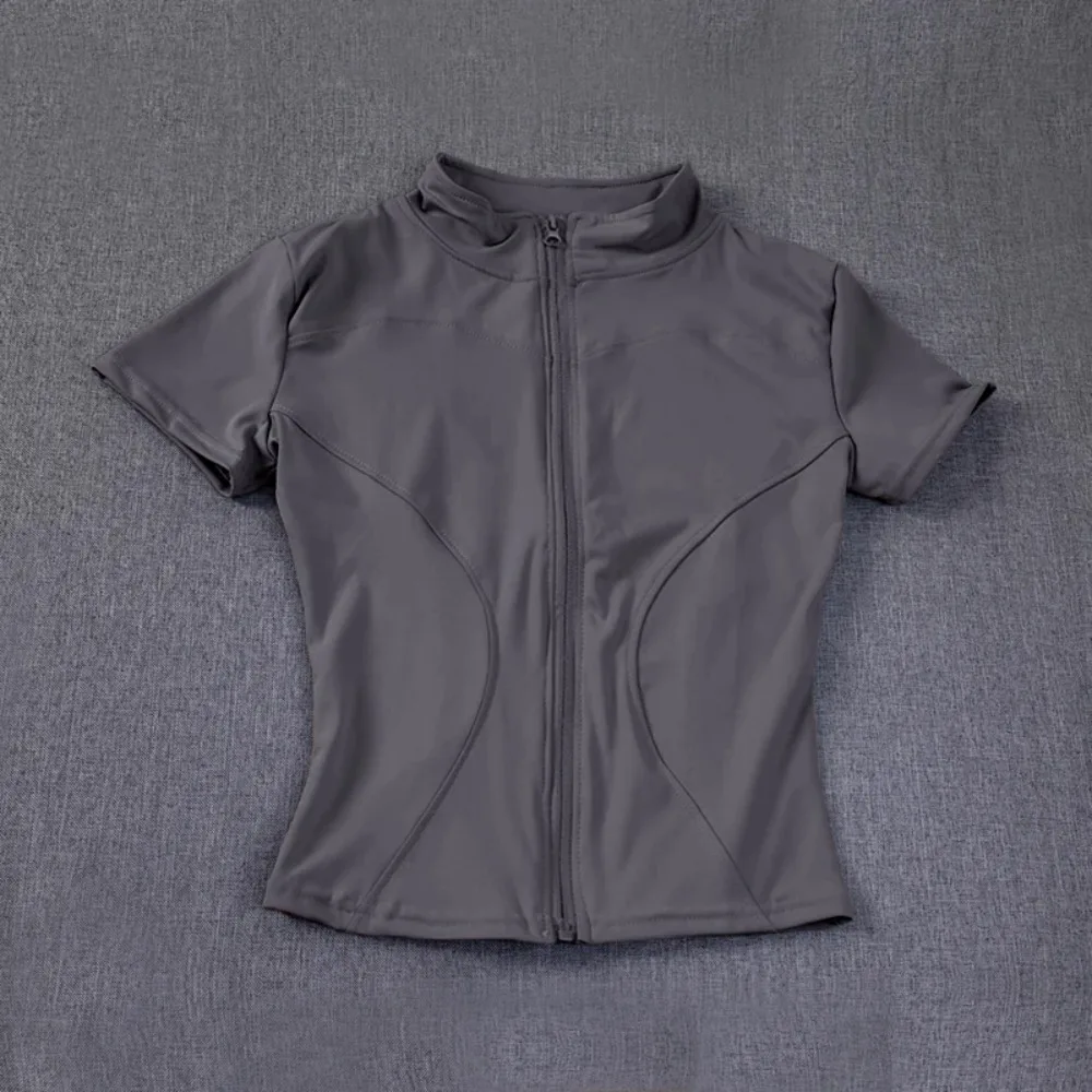 Full Zipper Standing Collar Yoga Shirts - Women's Summer Waist-Slimming Quick-Drying Short Sleeve Workout Tops