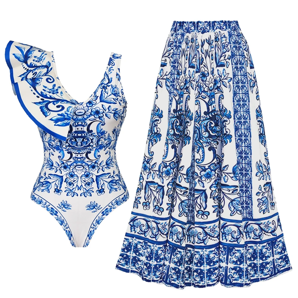 Costume da bagno intero con volant stampato con copertura Costumi da bagno sexy da donna Costumi da bagno con pancia piatta Costume da bagno Cintura Body Gita in spiaggia