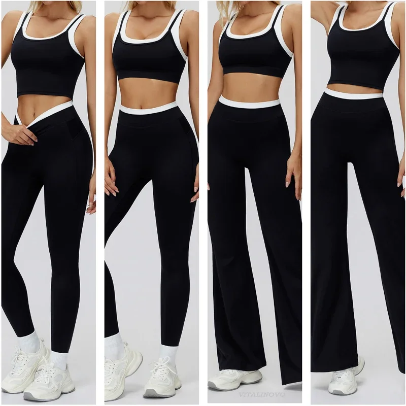 VITALINOVO Women 2 Piece Workout Sets Color Block Sports Bra Tank Tops Matching High Waist Wide Leg Pants Women Gym Outfit Sets