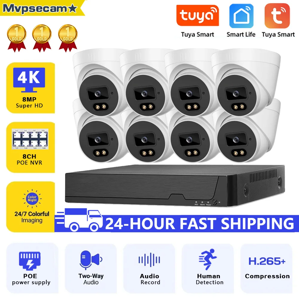 

Tuya H.265 8CH 4K POE NVR Kit Ai Human Detection Audio Dome Indoor Waterproof CCTV Security IP Camera Video Surveillance Set 4CH