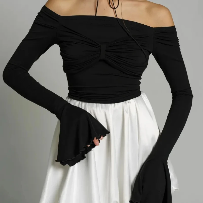 

Autumn Pure Color Sexy Off Shoulder Slim Fit Fold Bow Frill Trumpet Sleeve Long Sleeved T-shirt Temperament Top Women's Clothing
