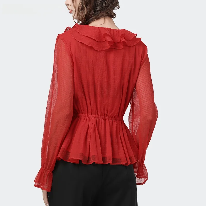 Faionable v-ne chemisier en mousseline de soie femmes minceur cloche Sve ourlet à volants irt coréen Sle coupe droite longue Sve haut