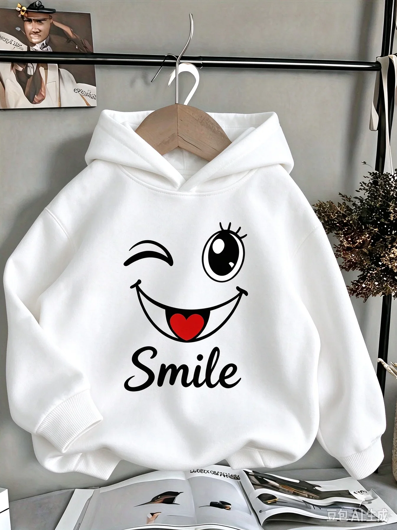Casual fleece hooded sweatshirt with playful smiley face print - comfortable autumn and winter pullover long sleeved top