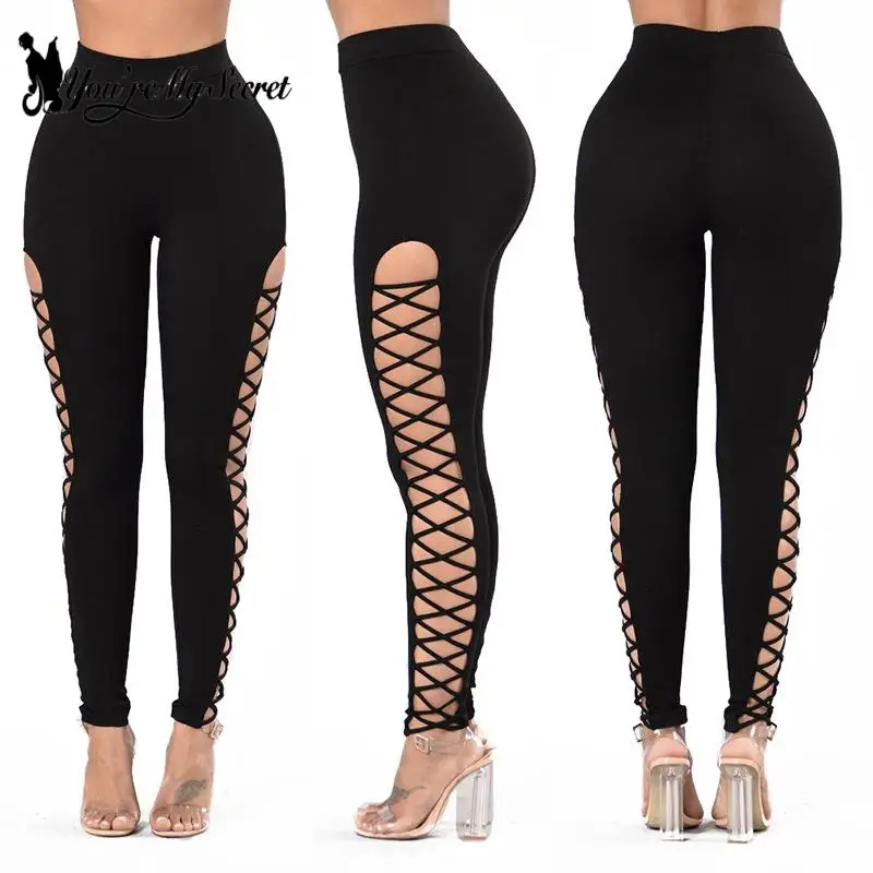 [You're My Secret] Fashion Black Side Bandage Cross Leggins Lady Sexy Hallow Out Legging Streetwear Holes Leg Women Leggings