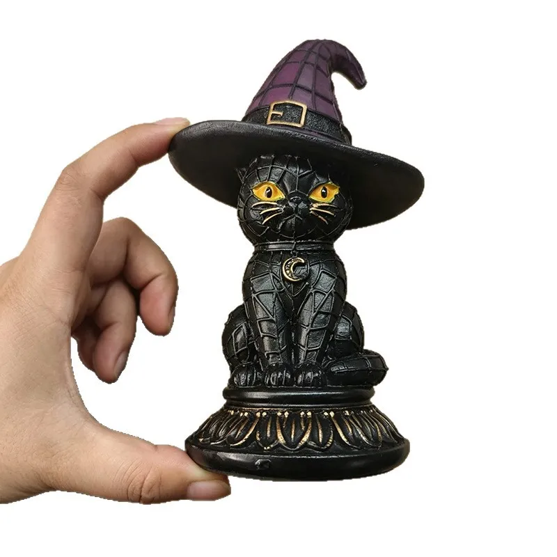 Halloween Witch Hat Cat LED Night Light USB Rechargeable Resin Table Lamp Spooky Tabletop Home Party Decor