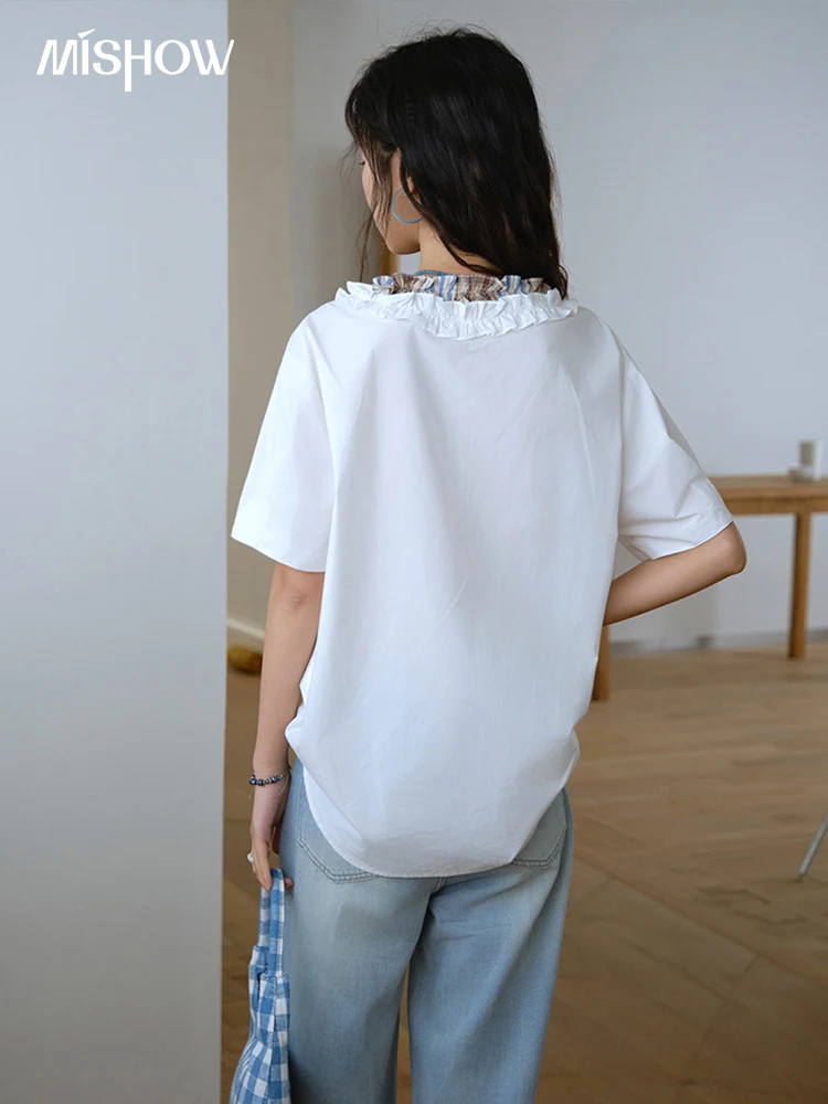 MISHOW Fashion V-neck Shirt for Women Summer 2025 Thin Short Sleeve Patchwork Double Layer Fungus Edge Button Top MXE35X1793