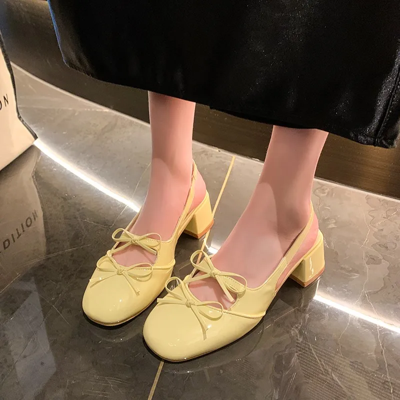 New Fashion Sandals Mid-heel Square Shoes Children Bun Head Double Bow Chunky Heel Mary Jane Single Shoe Tide