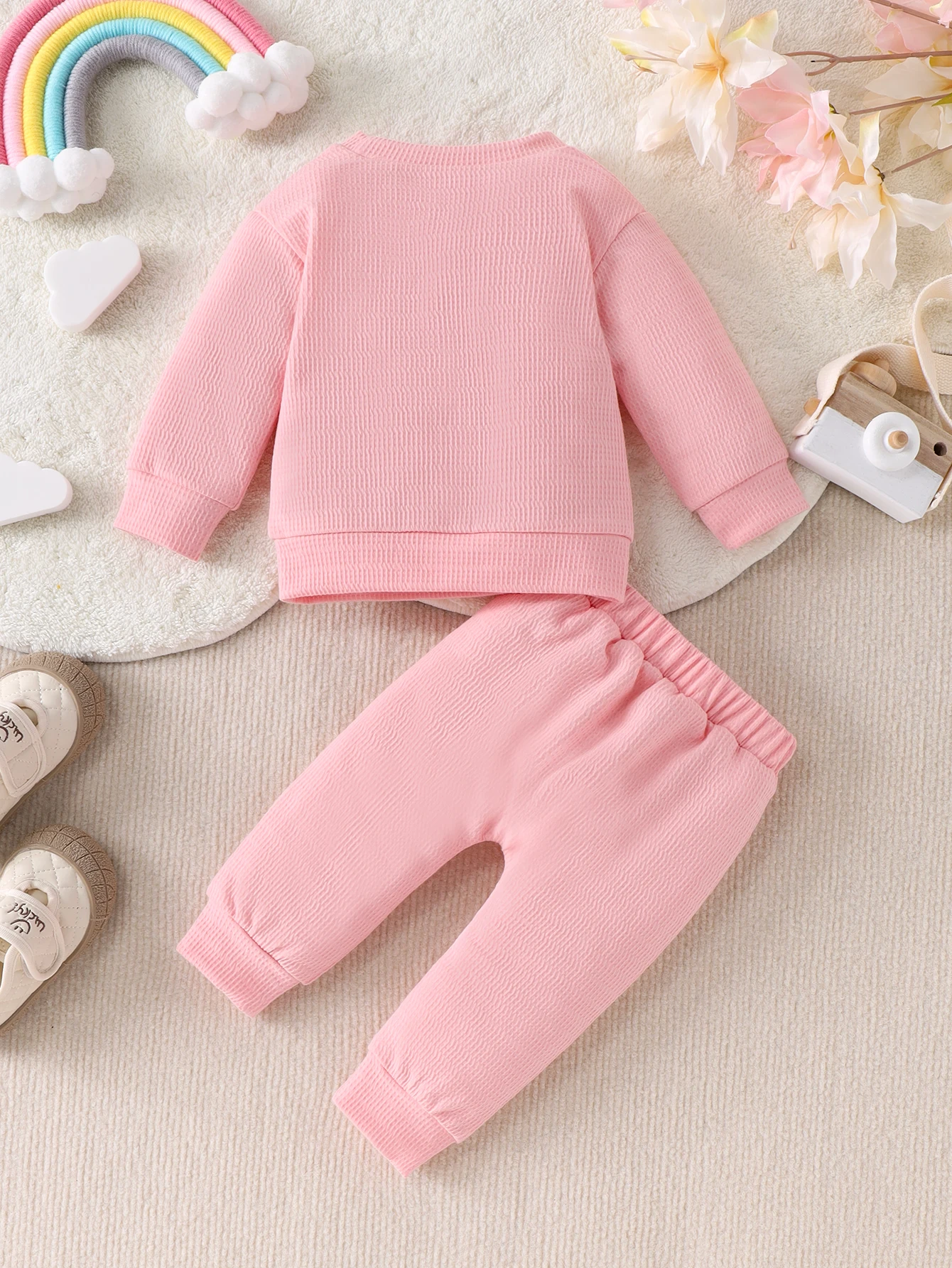 3-24 Months Baby Girls Fashion Casual Rainbow Embroidered Waffle Round Neck T-shirt All-match Casual Trousers Autumn 2-piece Set