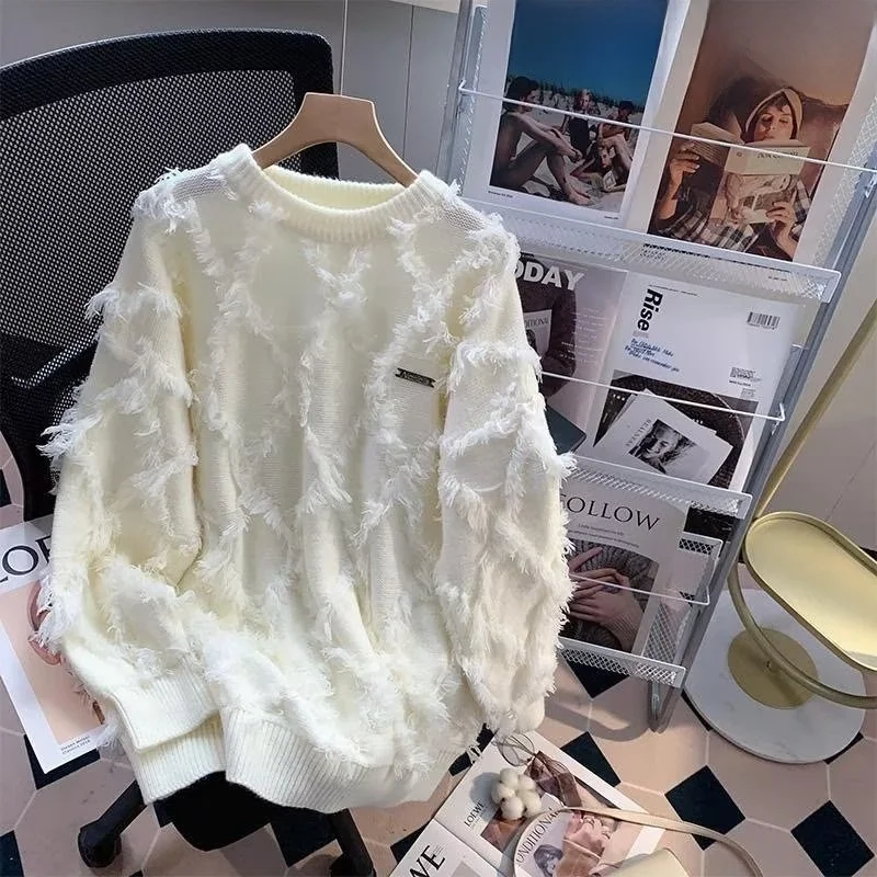 

Thiened Oversize Men's Knitted Sweater Autumn Winter Faion Brand Lazy Tassel Loose Fit Long Sve Pure Color Baseball Co...