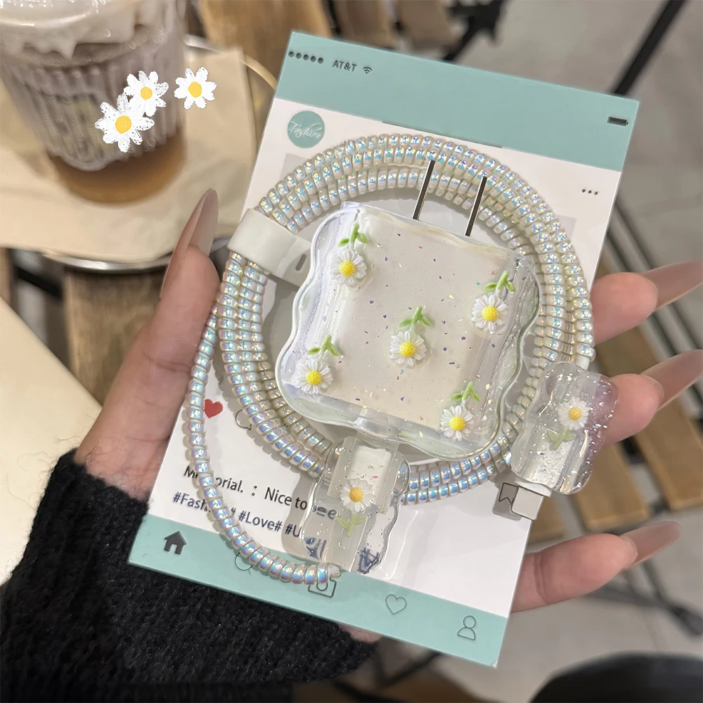 Data Cable Protection 18/20W Fast Charge Protector Winder Organizer Soft Daisy Floral Case for iPhone 17 16 15 14 13 12 11 New