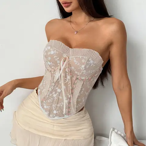 Women Floral Embroidery Bustier Top Sexy Strapless Open Back Boned Corset Bandana Tube Tops Y2K Date Night Out Club Party Tops