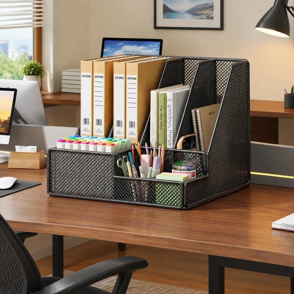 with Pen Holder Metal Desktop File Folder 3 Or 4 Slot Space-Saving Document Storage Shelf Multi-Compartment Organizer