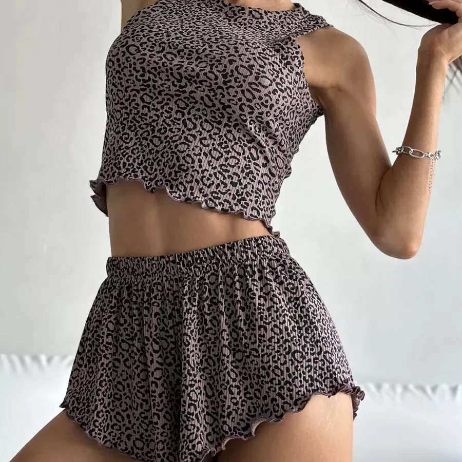 

2025 Summer New Women's Pajamas Sexy Leopard Print Camisole Top Shorts Suit Sleepwear Homewear