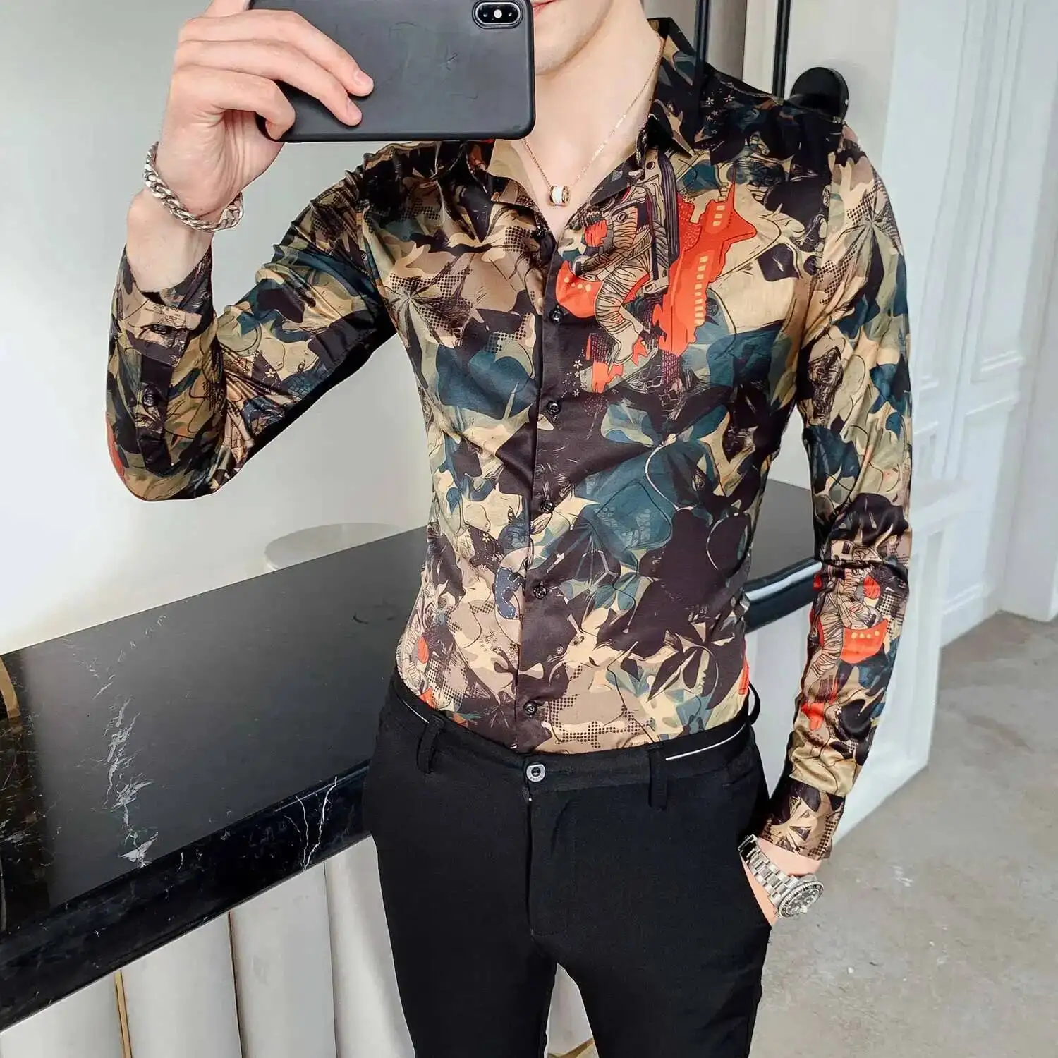 Camisa con estampado de hojas para hombre, camisa informal de flores, ajustada, de manga larga, con estampado Digital, para fiesta, a la moda, 4xl,
