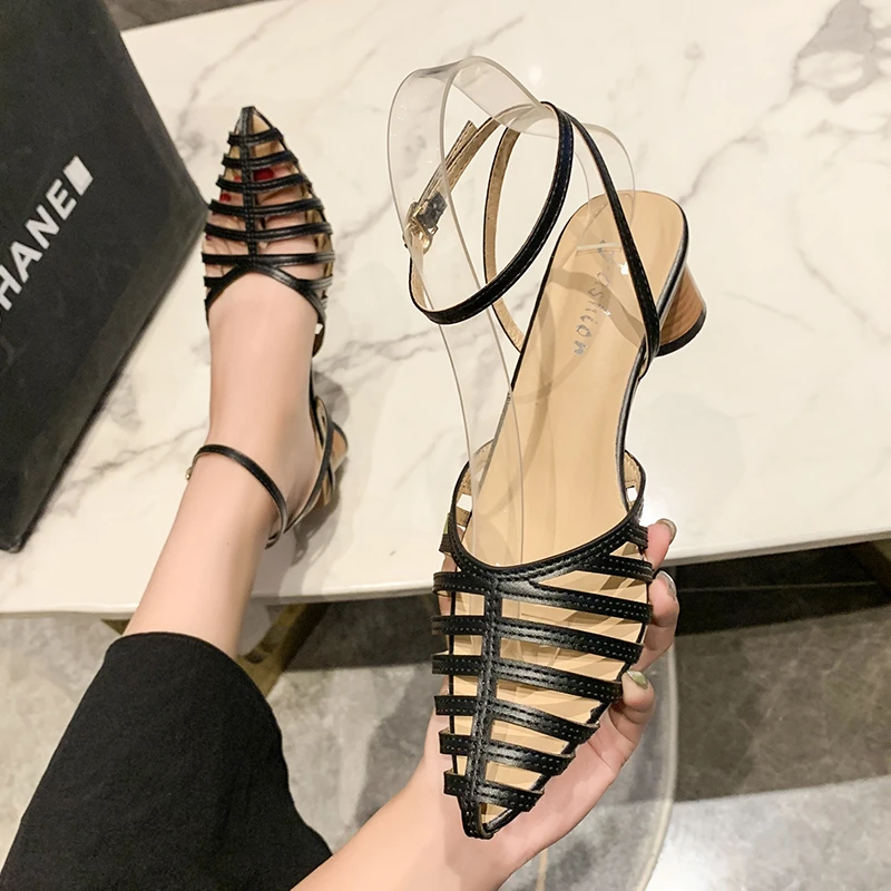 

2022 Women Pointed Toe Summer Sandals White New Narrow Band Gladiator Pumps Balck Ankle Strap Prom Sandalias Strange High Heels