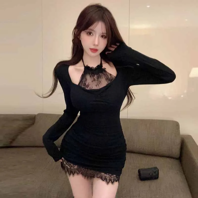 

Sexy Spicy Girl Lace Patchwork Slimming Waist Dr Trendy High Waist Knitted Polyester Long Sve Thi Bodycon Dr for C...