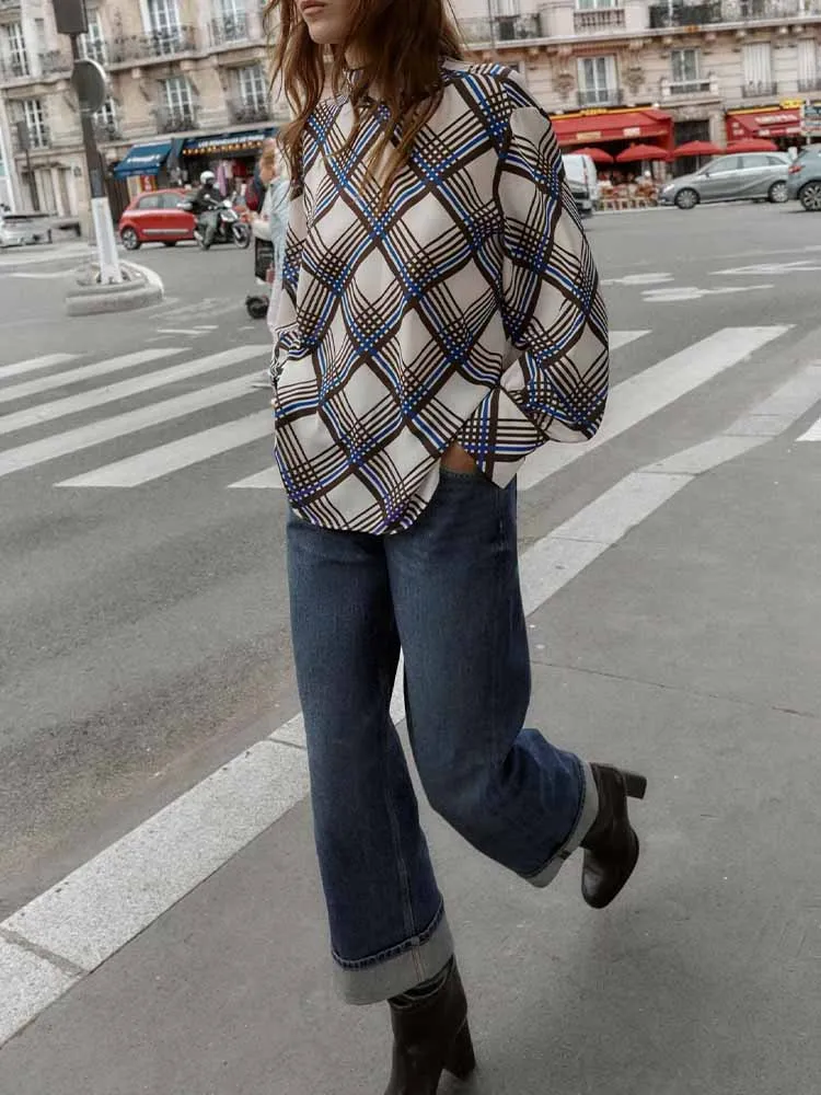 

European and American style autumn new fashion women's clothing loose casual temperament simple long sleeve plaid turtleneck shi