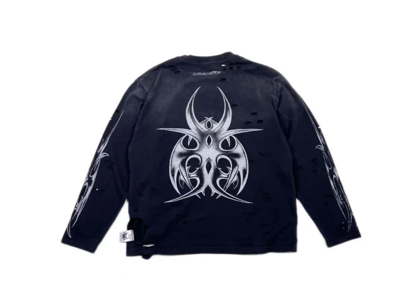 CHEW FOREVER Black Crew Neck Hip-Hop Skull Long-Sleeve T-Shirt for Men Women Retro Distressed Casual Loose Fit New Top