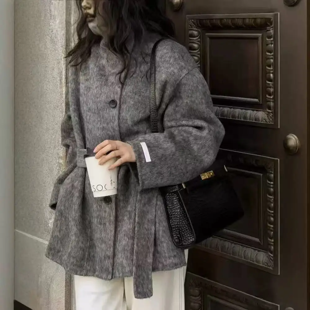Street Women's Belt Stand Collar Woolen Coats Chic Single Breasted Full Sleeve Jacket 2025 Autumn Winter Lady Commute Outwear