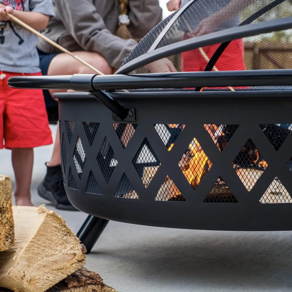 حفرة نار للفناء الخارجي مقاس 42 بوصة - حرق الخشب مع شاشة شرارة شبكية وبوكر مدفأة، أسود