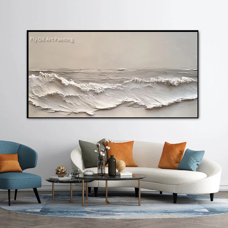 Popular Beige White Large Ocean Wave Knife Thick Wall Art Decor For Living Room New Original Green White Landscape Oil Painting